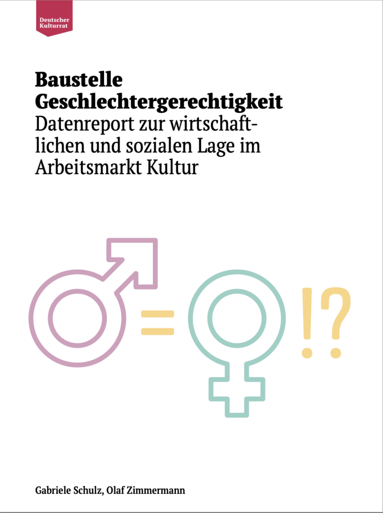 Titelbild der Publikation "Baustelle Geschlechtergerechtigkeit". Neben dem Titel sind die Gender-Symbole Frau und Mann gleichgesetzt. Dahinter steht ein Ausrufe- und ein Fragezeichen.
